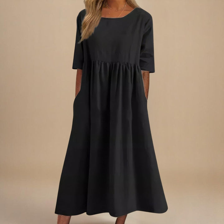 Women's Linen Gathered Waist Half-Sleeve Midi Dress - Black