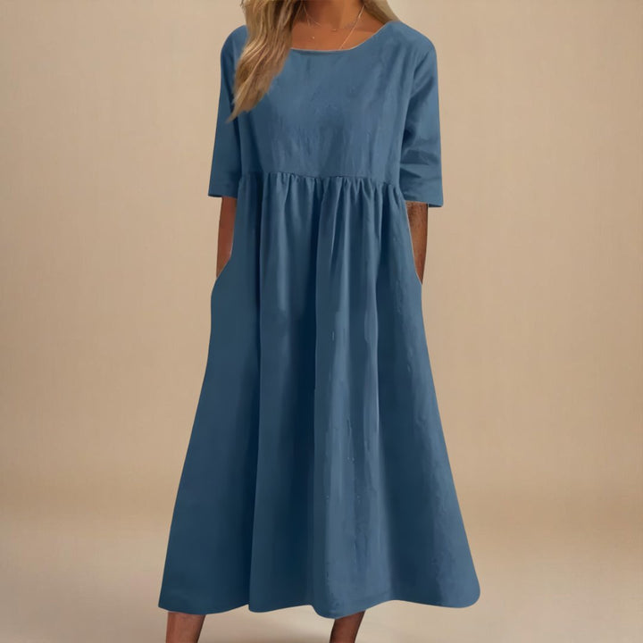 Women's Linen Gathered Waist Half-Sleeve Midi Dress - Slate Blue