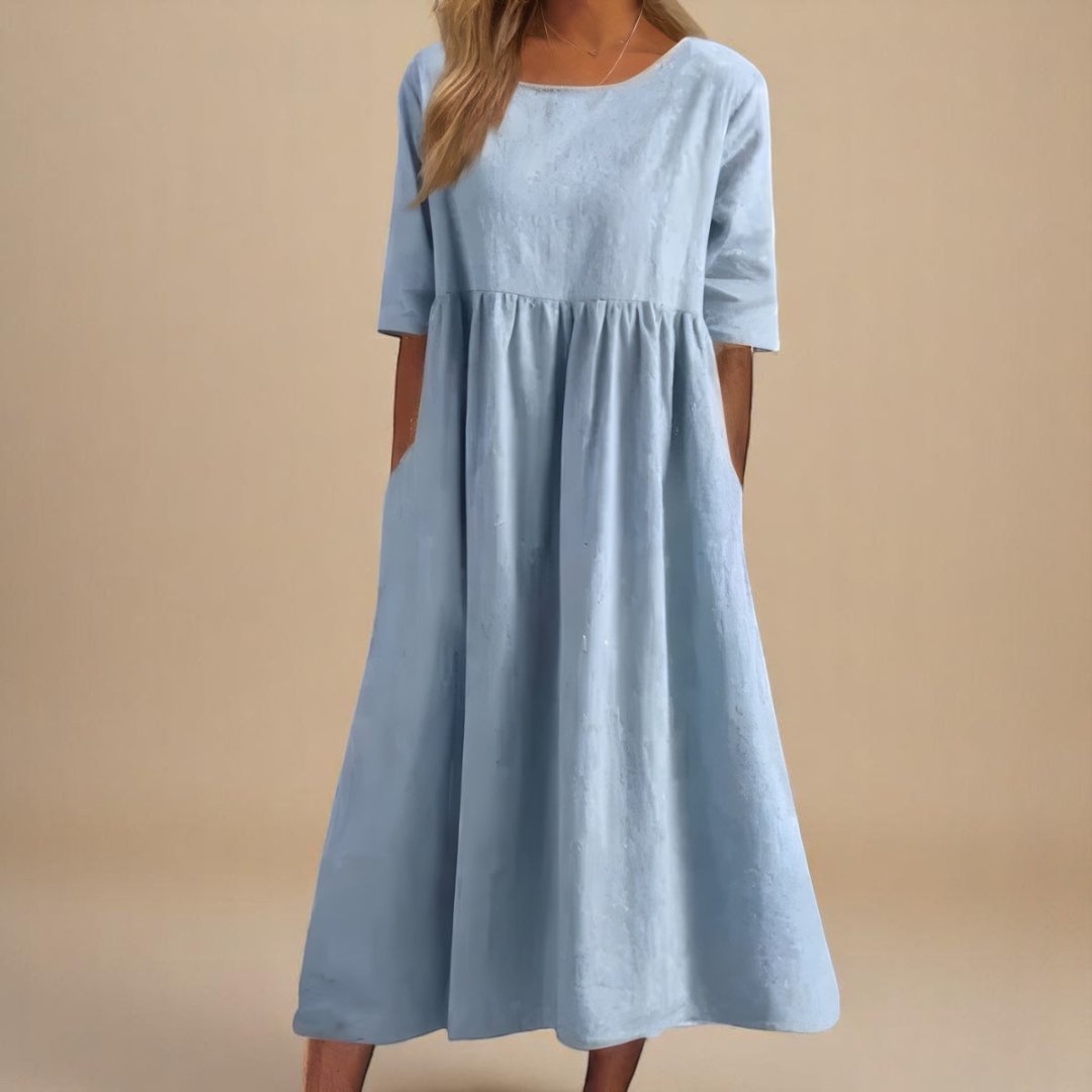 Women's Linen Gathered Waist Half-Sleeve Midi Dress - Light Blue
