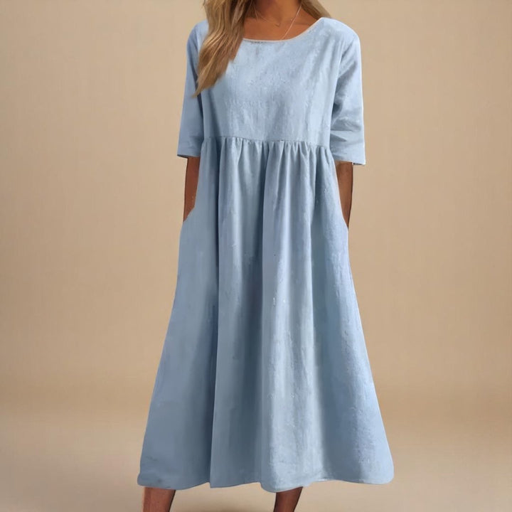 Women's Linen Gathered Waist Half-Sleeve Midi Dress - Light Blue
