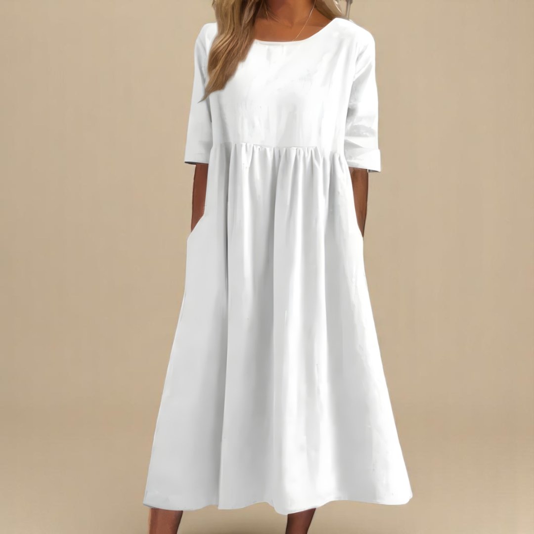 Women's Linen Gathered Waist Half-Sleeve Midi Dress - White