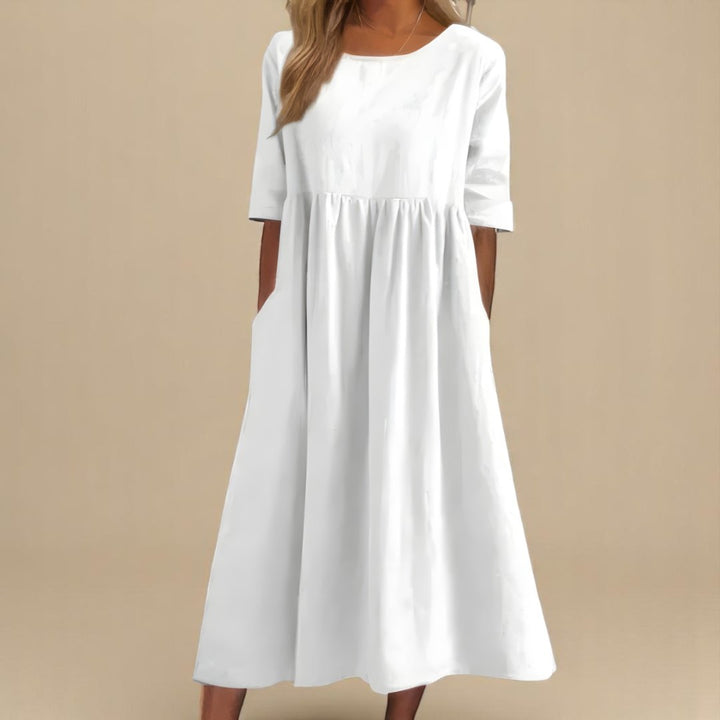 Women's Linen Gathered Waist Half-Sleeve Midi Dress - White