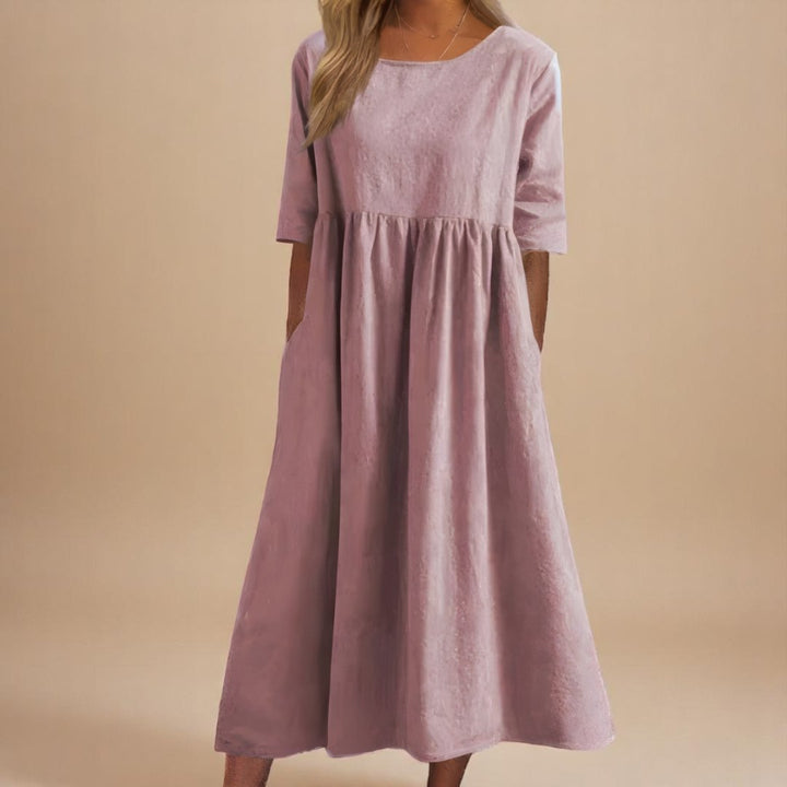 Women's Linen Gathered Waist Half-Sleeve Midi Dress - Dusty Pink