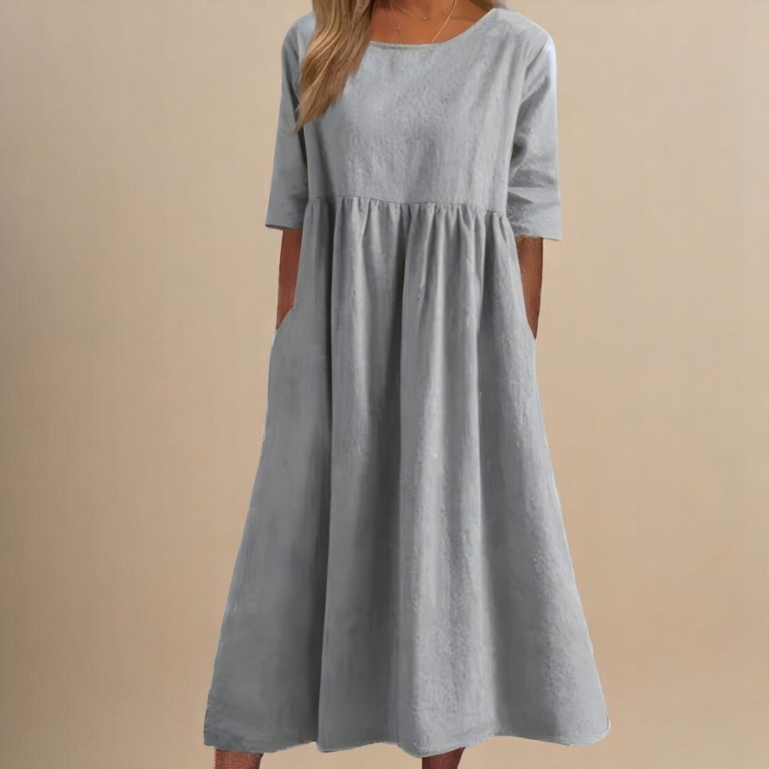 Women's Linen Gathered Waist Half-Sleeve Midi Dress - Light Gray