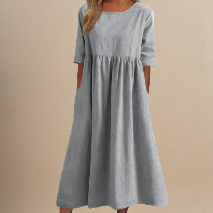 Women's Linen Gathered Waist Half-Sleeve Midi Dress - Light Gray