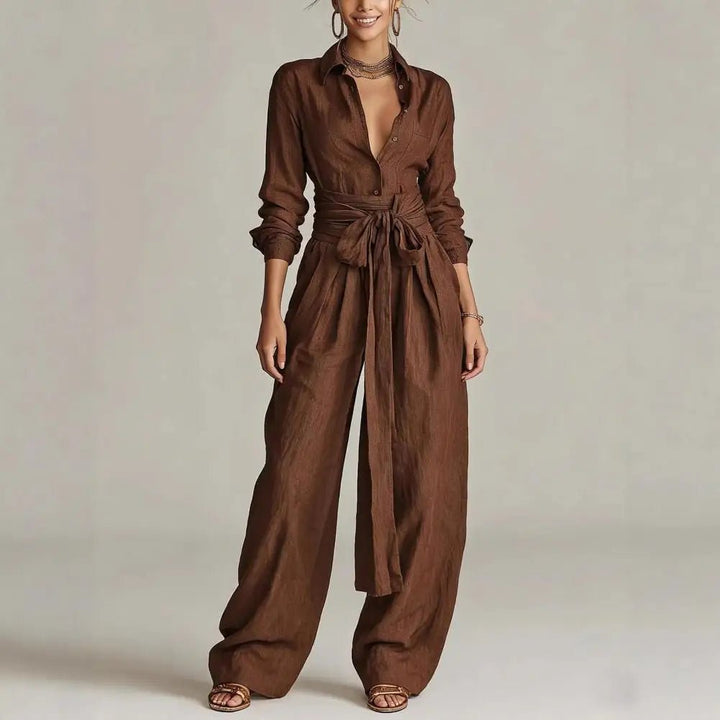 Women's Linen High-Rise Wide-Leg Co-Ord Set - Coffee
