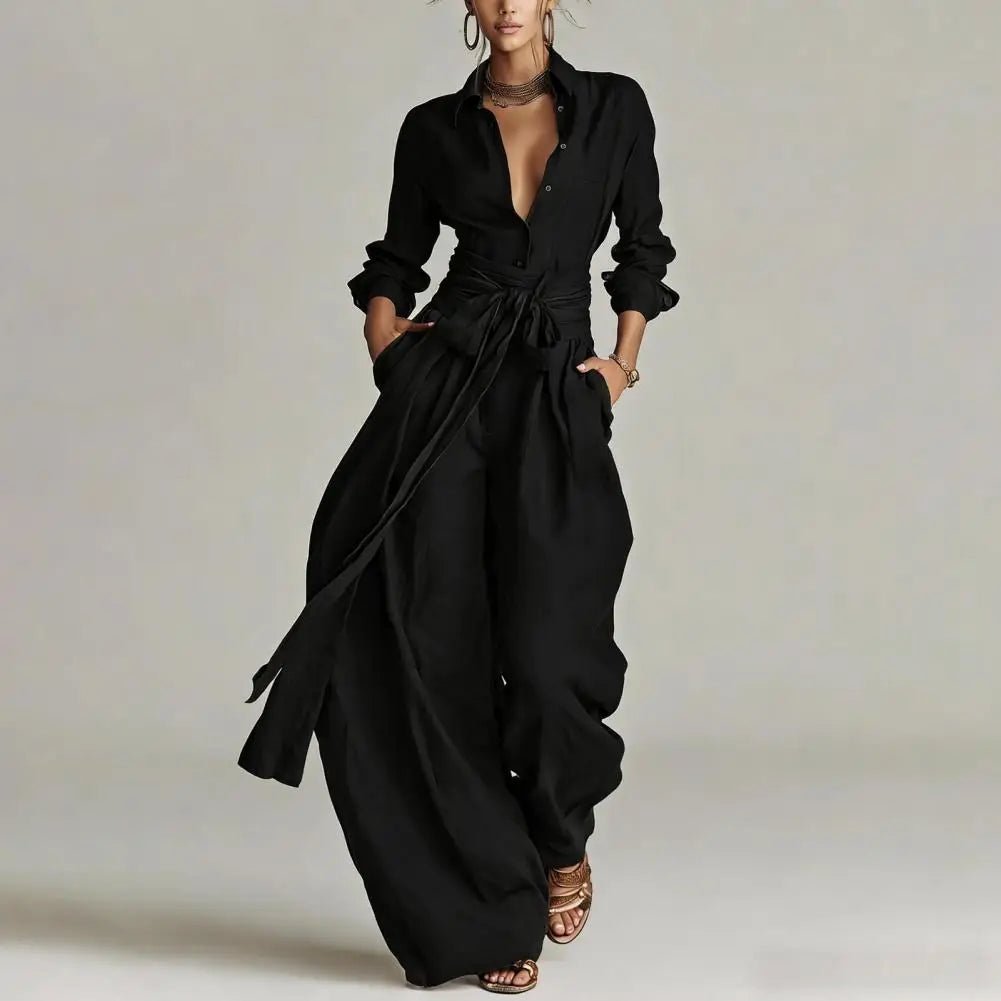 Women's Linen High-Rise Wide-Leg Co-Ord Set - Black