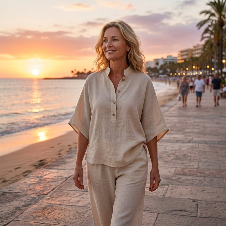 Women's Linen Kimono-Sleeve Top Wide-Leg Pants Two-Piece Set