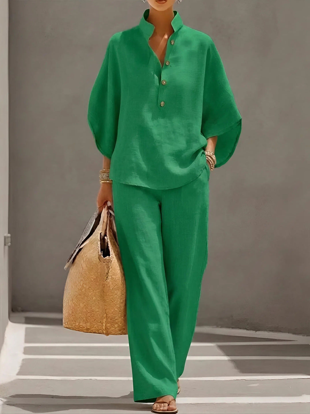 Women's Linen Kimono-Sleeve Top Wide-Leg Pants Two-Piece Set - Green