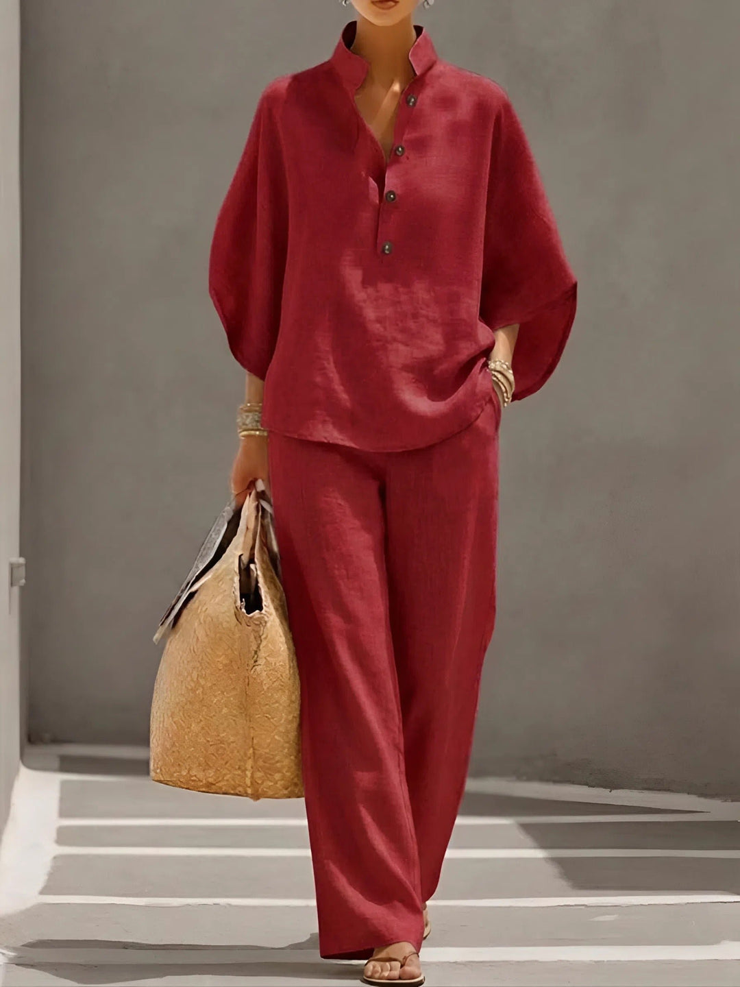 Women's Linen Kimono-Sleeve Top Wide-Leg Pants Two-Piece Set - Red