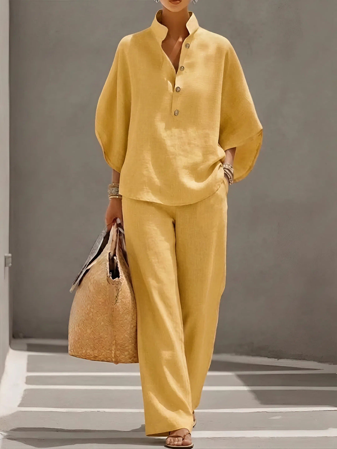 Women's Linen Kimono-Sleeve Top Wide-Leg Pants Two-Piece Set - Yellow