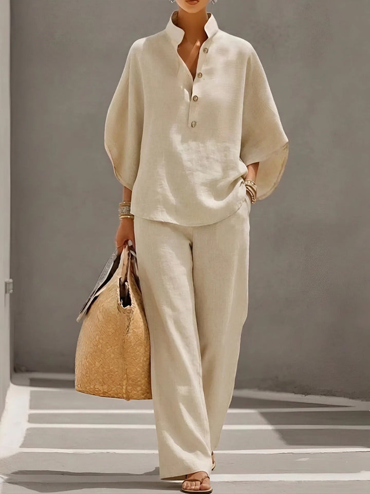 Women's Linen Kimono-Sleeve Top Wide-Leg Pants Two-Piece Set