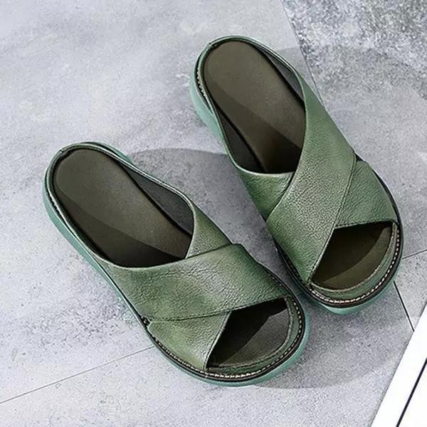 Women's Linen-Look Cushioned Cross-Strap Flat Sandals - Green