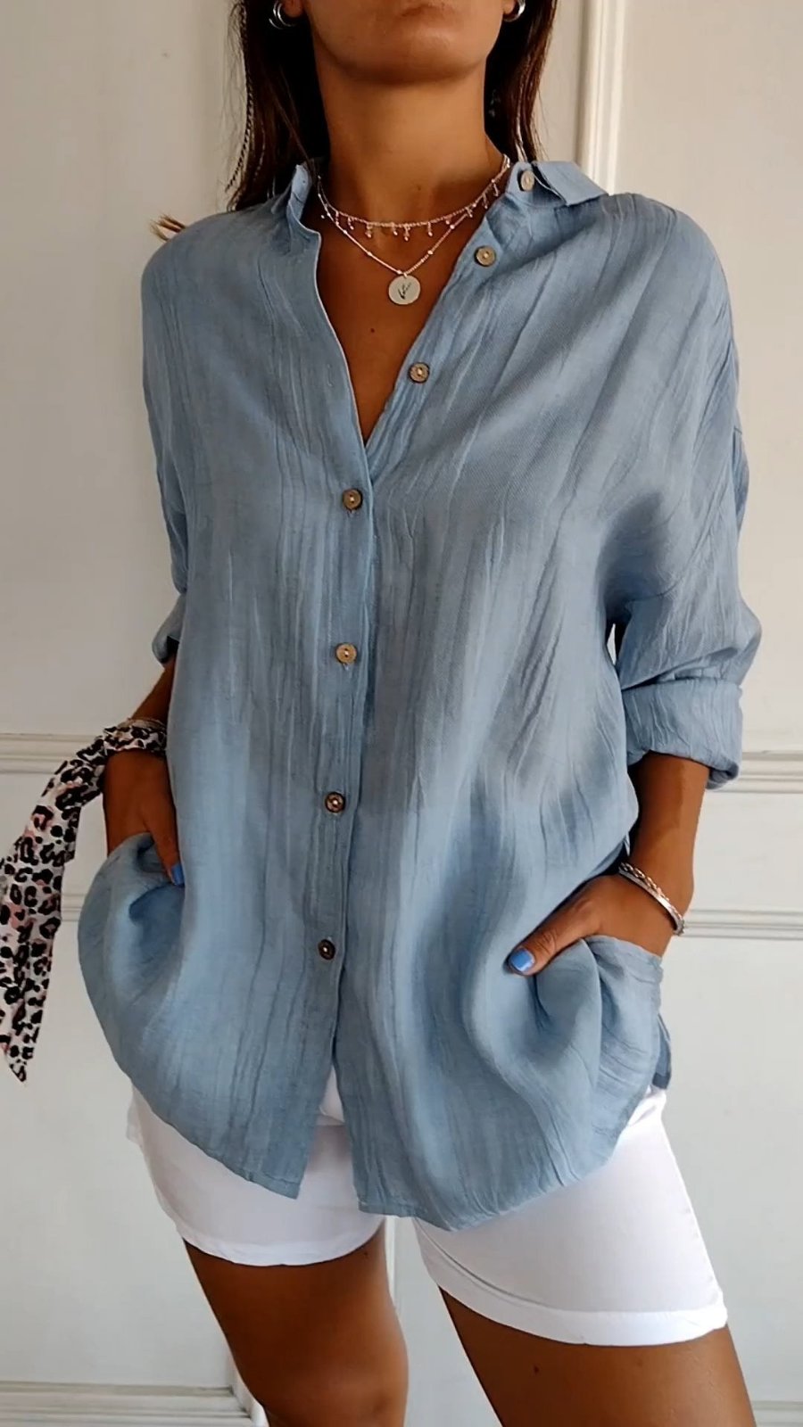Women's Linen Oversized Button-Down Collared Shirt - Steel Blue