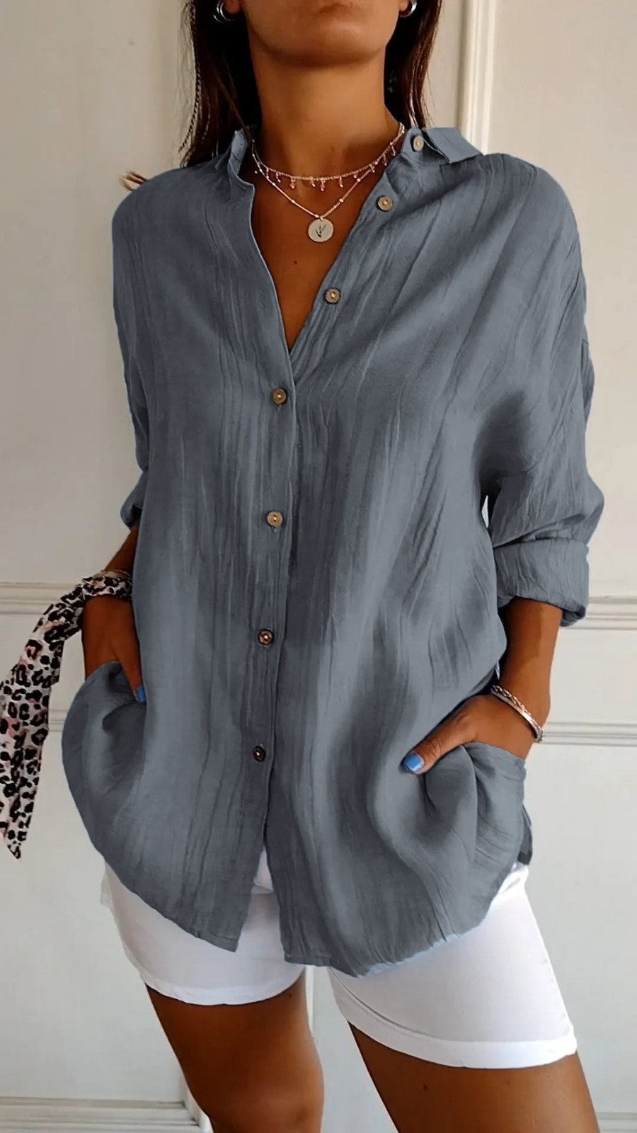 Women's Linen Oversized Button-Down Collared Shirt - Gray