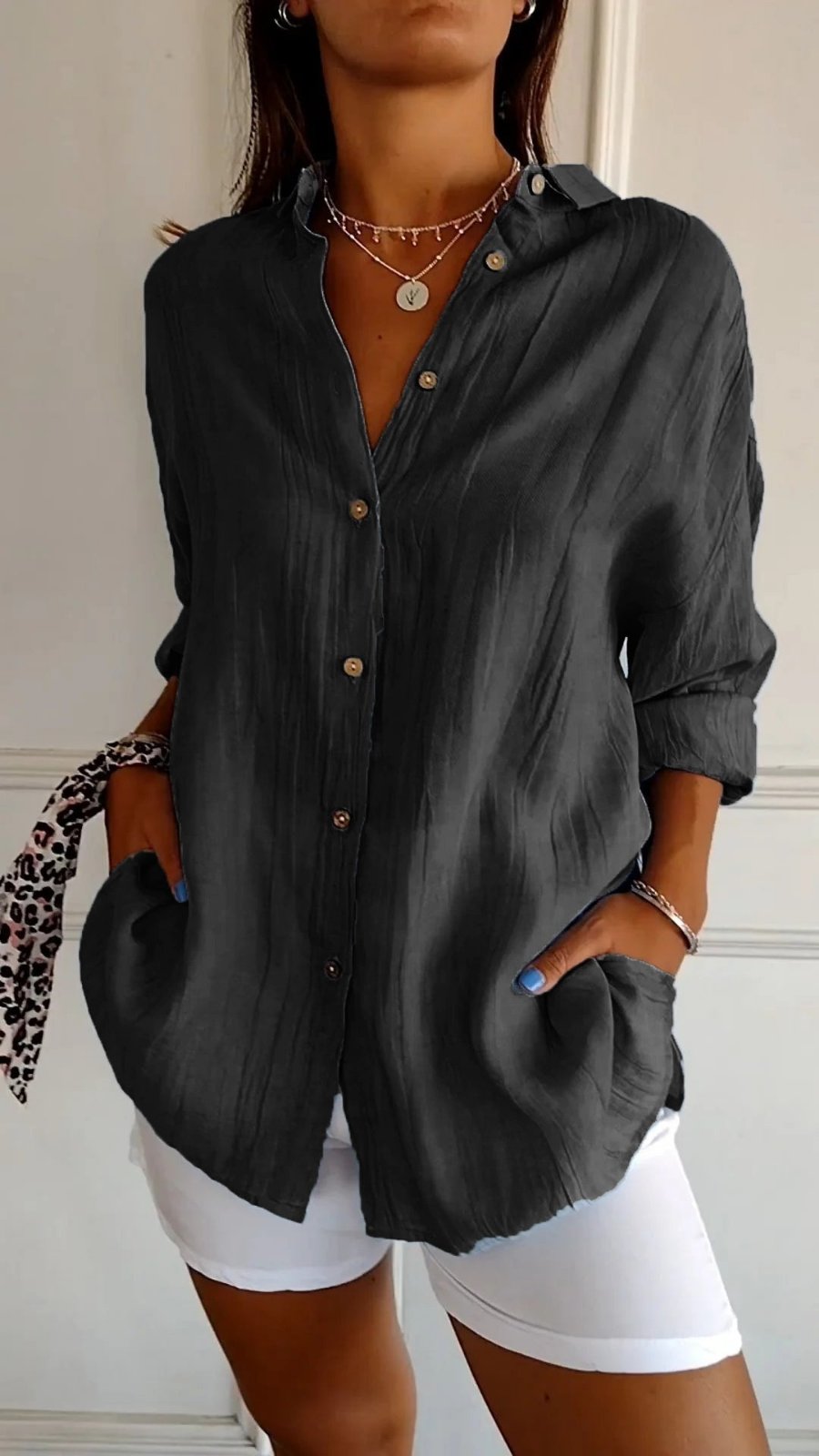 Women's Linen Oversized Button-Down Collared Shirt - Black