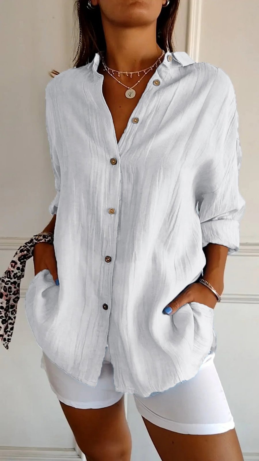 Women's Linen Oversized Button-Down Collared Shirt - White