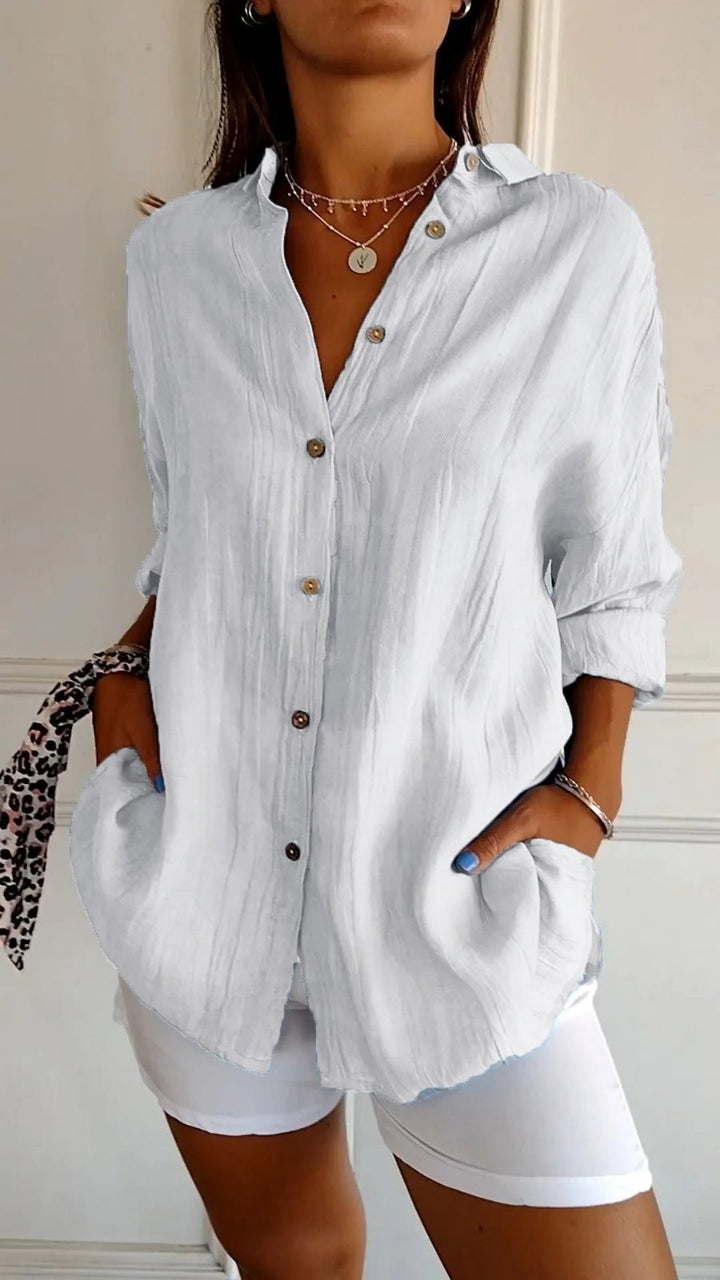 Women's Linen Oversized Button-Down Collared Shirt - White