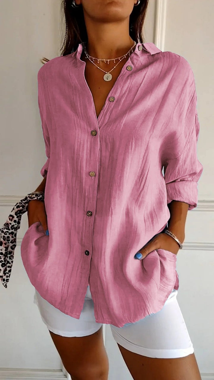 Women's Linen Oversized Button-Down Collared Shirt - Pink