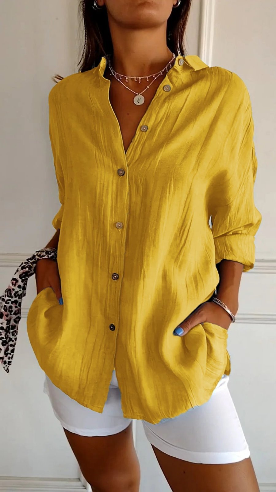 Women's Linen Oversized Button-Down Collared Shirt - Yellow