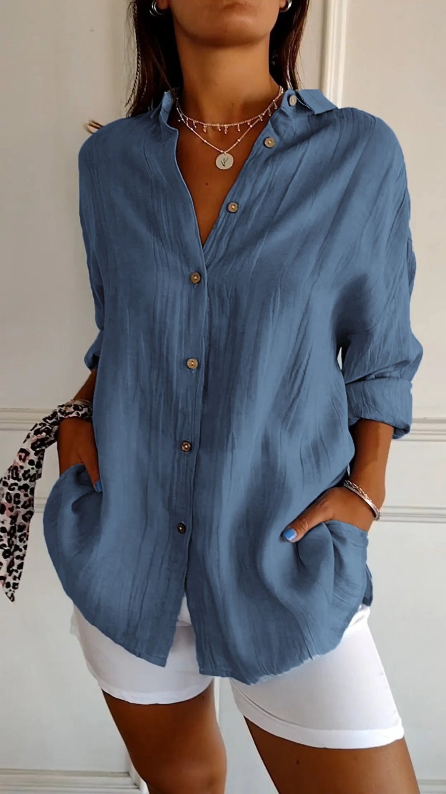 Women's Linen Oversized Button-Down Collared Shirt - Dark Blue