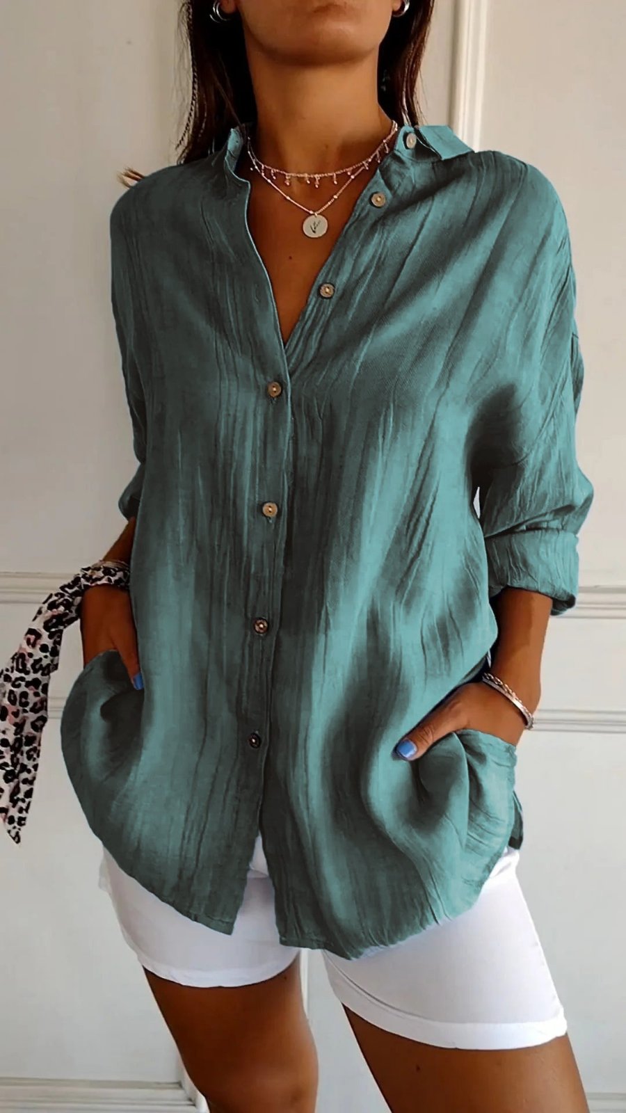 Women's Linen Oversized Button-Down Collared Shirt - Teal Green
