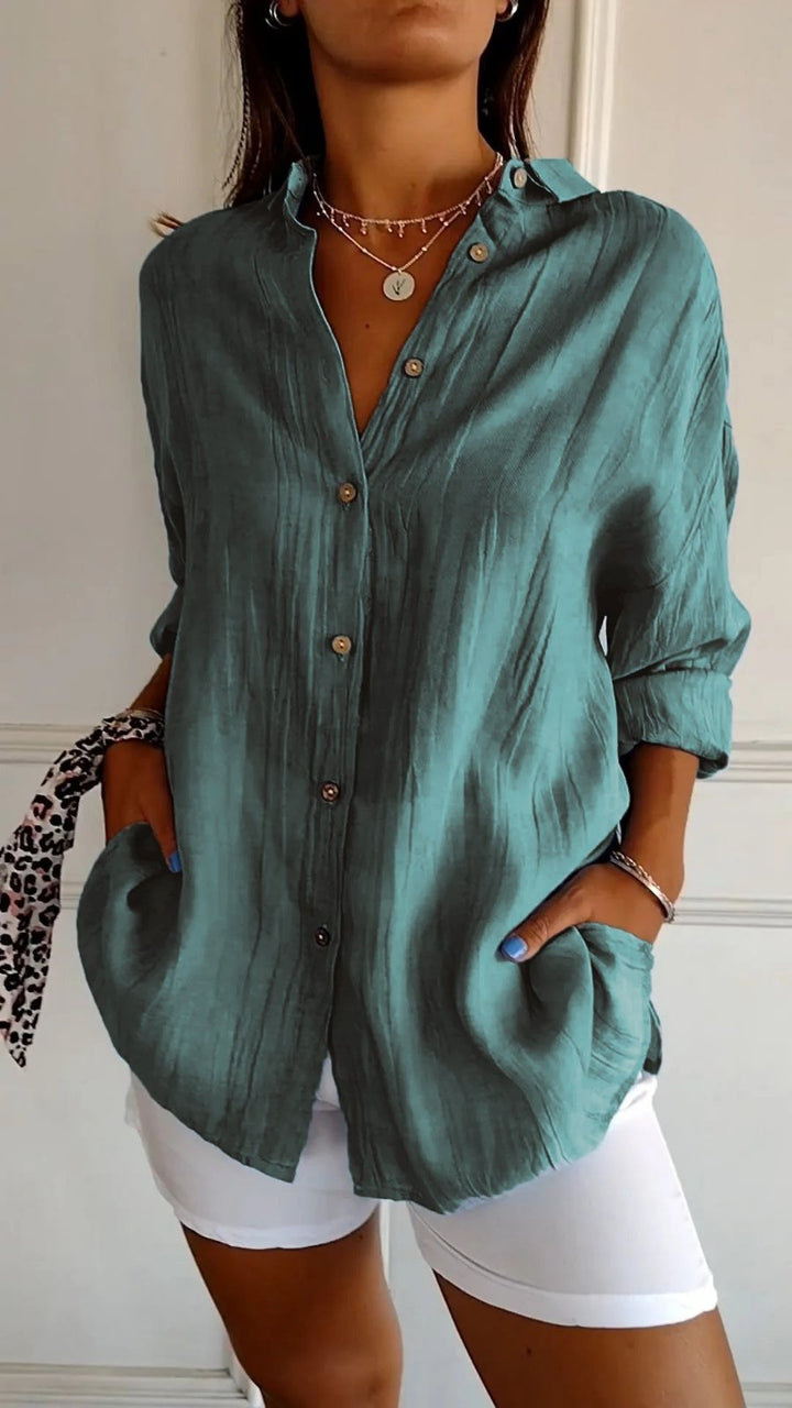Women's Linen Oversized Button-Down Collared Shirt - Teal Green