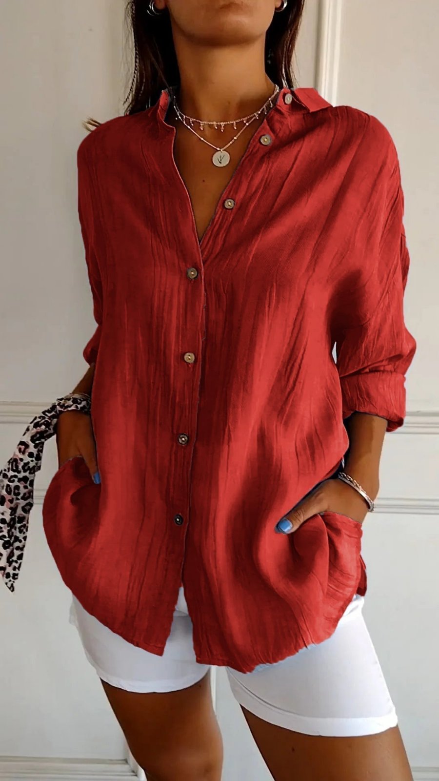 Women's Linen Oversized Button-Down Collared Shirt - Red
