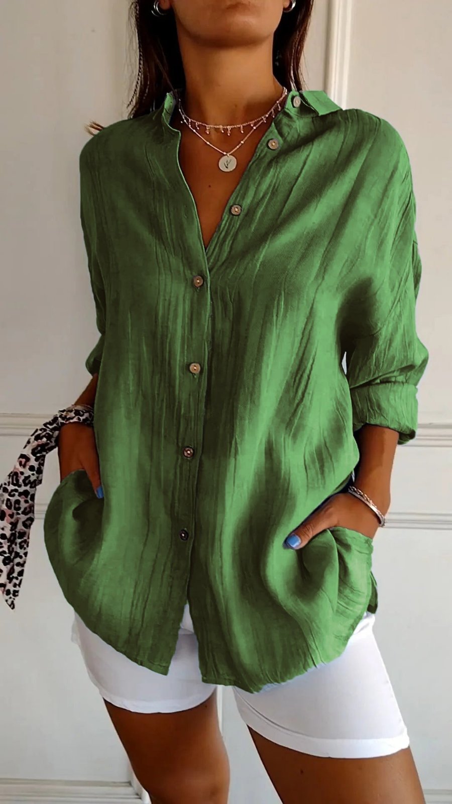 Women's Linen Oversized Button-Down Collared Shirt - Green