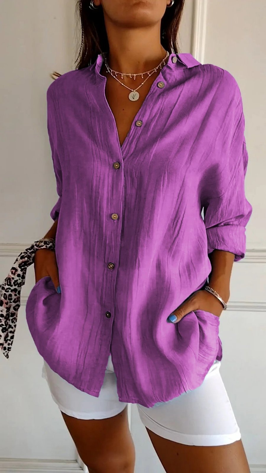 Women's Linen Oversized Button-Down Collared Shirt - Purple