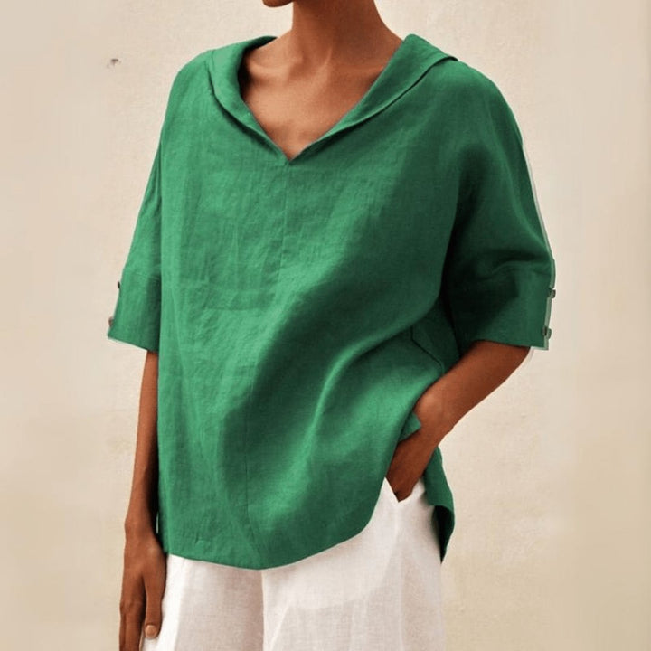 Women's Linen Oversized V-Neck Collared Tunic Top - Green