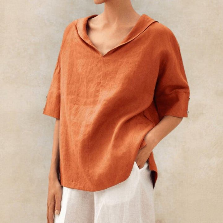 Women's Linen Oversized V-Neck Collared Tunic Top - Orange