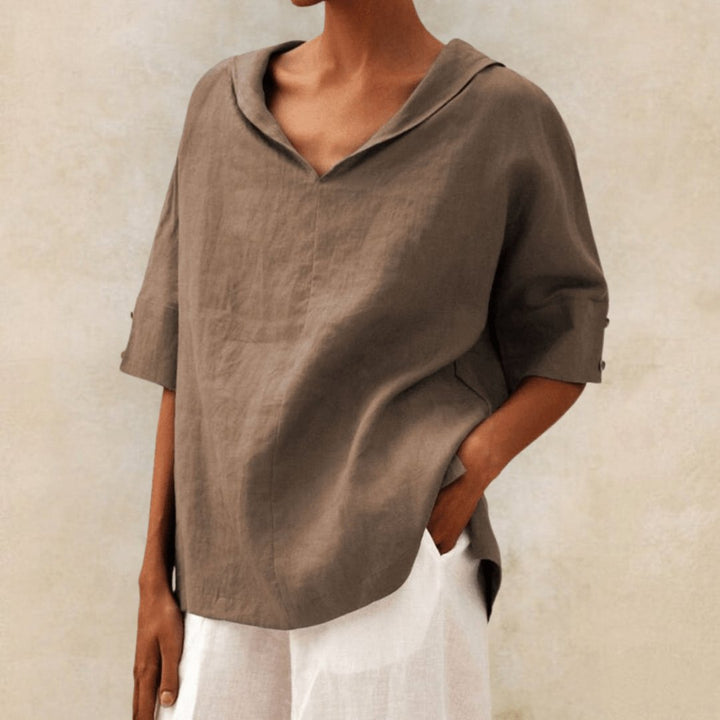 Women's Linen Oversized V-Neck Collared Tunic Top - Brown
