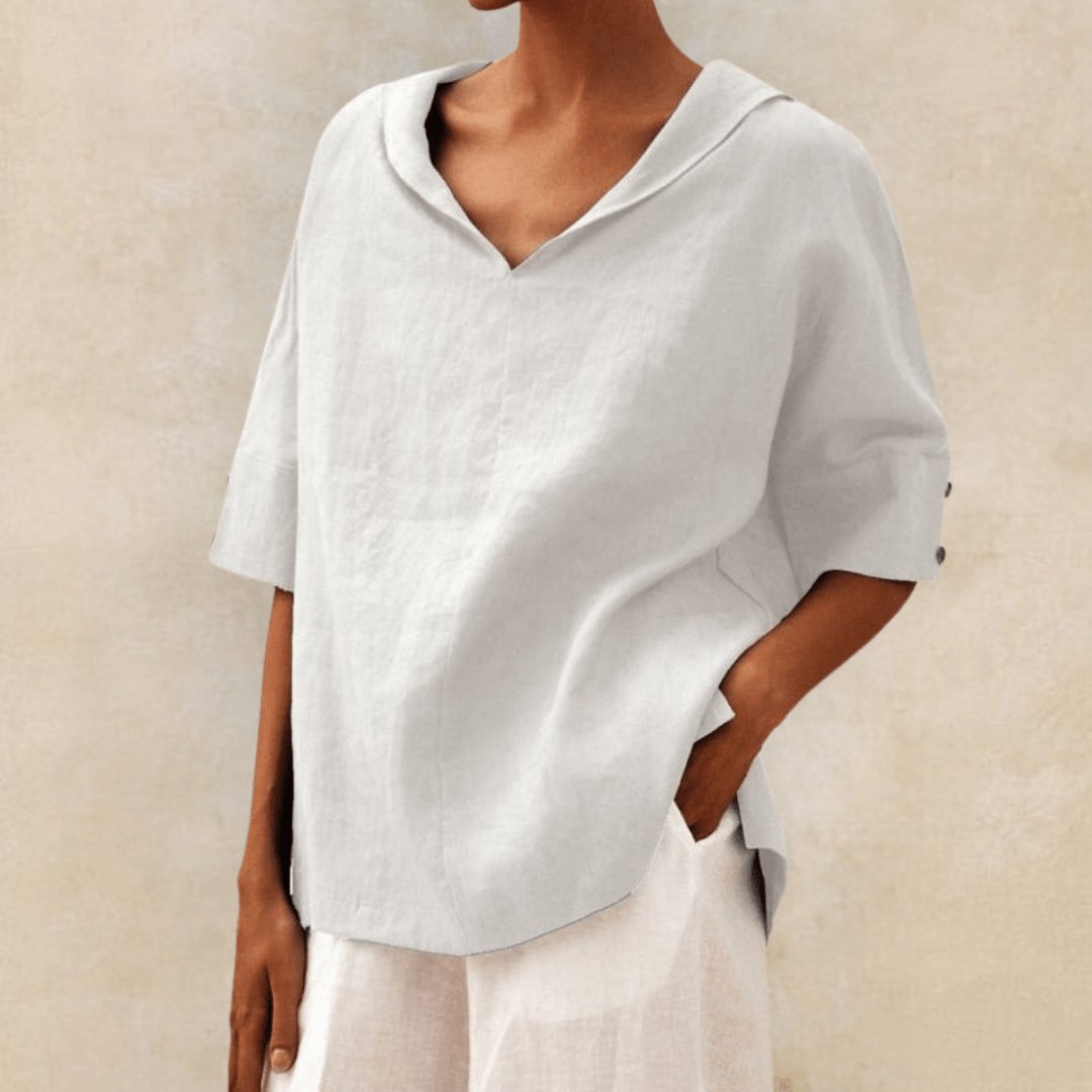 Women's Linen Oversized V-Neck Collared Tunic Top - White