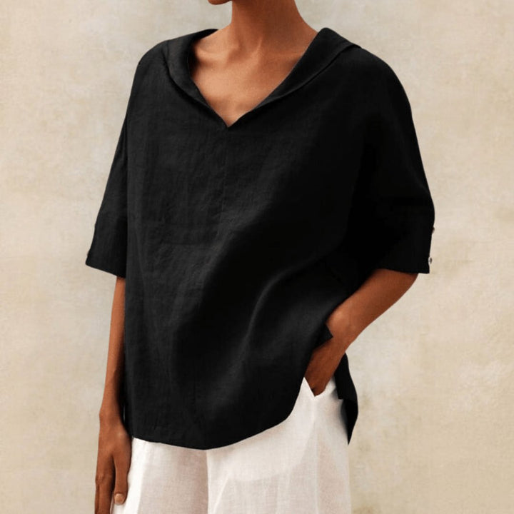 Women's Linen Oversized V-Neck Collared Tunic Top - Black