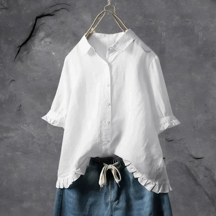 Women's Linen Ruffle-Trim Relaxed-Fit Button-Down Shirt - White