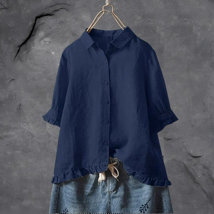 Women's Linen Ruffle-Trim Relaxed-Fit Button-Down Shirt - Navy