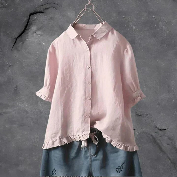 Women's Linen Ruffle-Trim Relaxed-Fit Button-Down Shirt - Light Pink