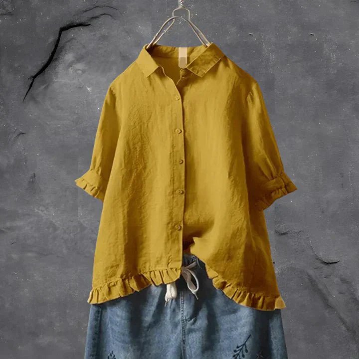 Women's Linen Ruffle-Trim Relaxed-Fit Button-Down Shirt - Yellow