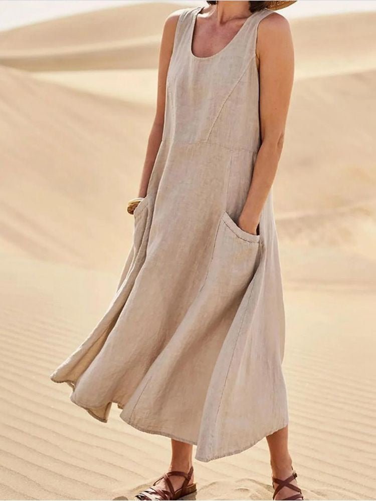 Women's Linen Sleeveless Scoop-Neck Midi Dress with Patch Pockets - Khaki