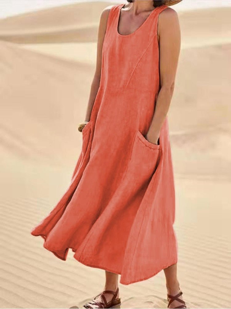 Women's Linen Sleeveless Scoop-Neck Midi Dress with Patch Pockets - Orange
