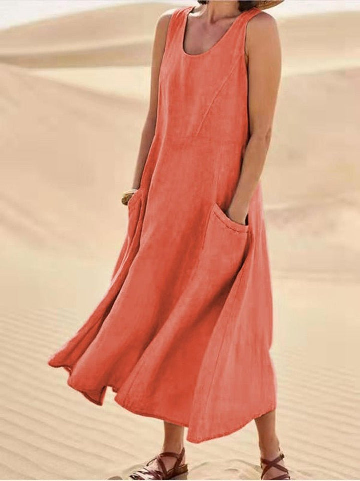 Women's Linen Sleeveless Scoop-Neck Midi Dress with Patch Pockets - Orange