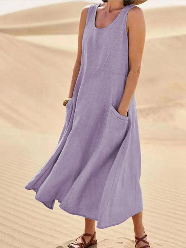 Women's Linen Sleeveless Scoop-Neck Midi Dress with Patch Pockets - Light Purple