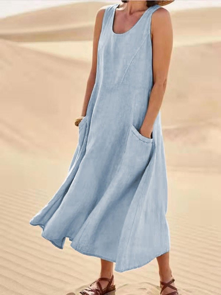Women's Linen Sleeveless Scoop-Neck Midi Dress with Patch Pockets - Light Blue