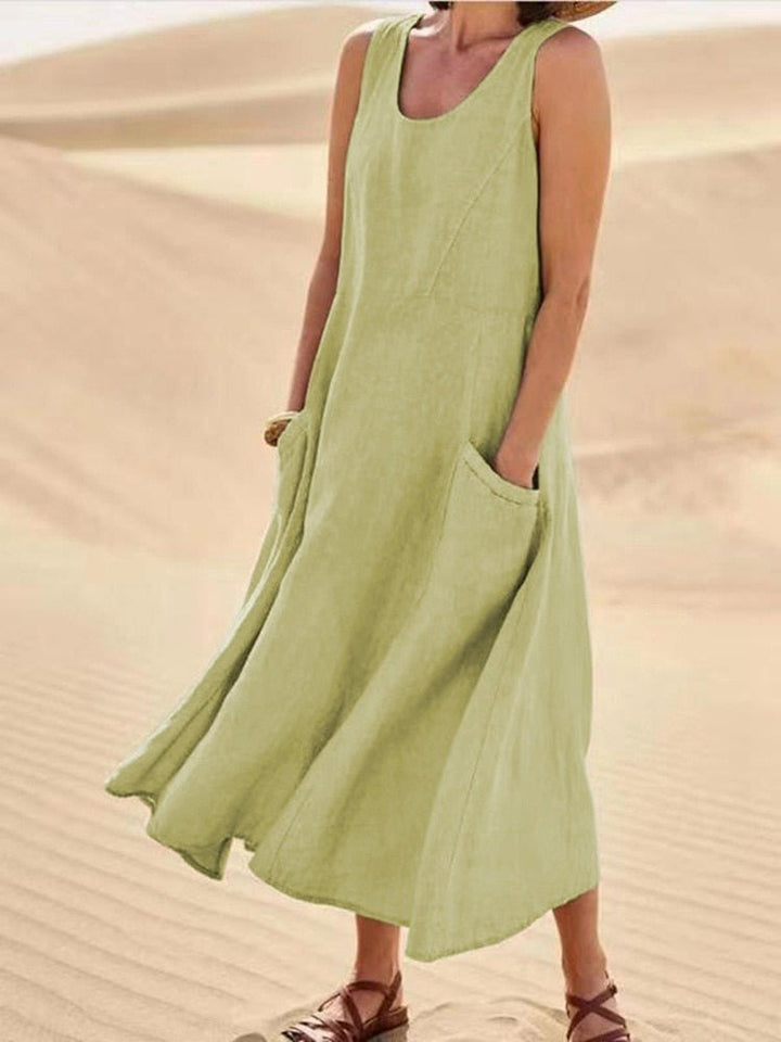 Women's Linen Sleeveless Scoop-Neck Midi Dress with Patch Pockets - Light Olive Green
