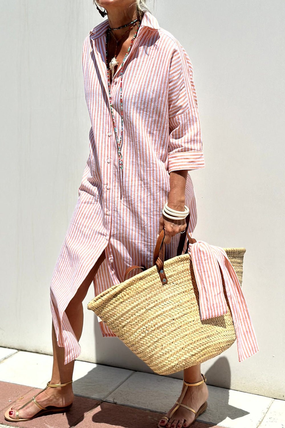 Women's Linen Striped Button-Down Collared Midi Dress