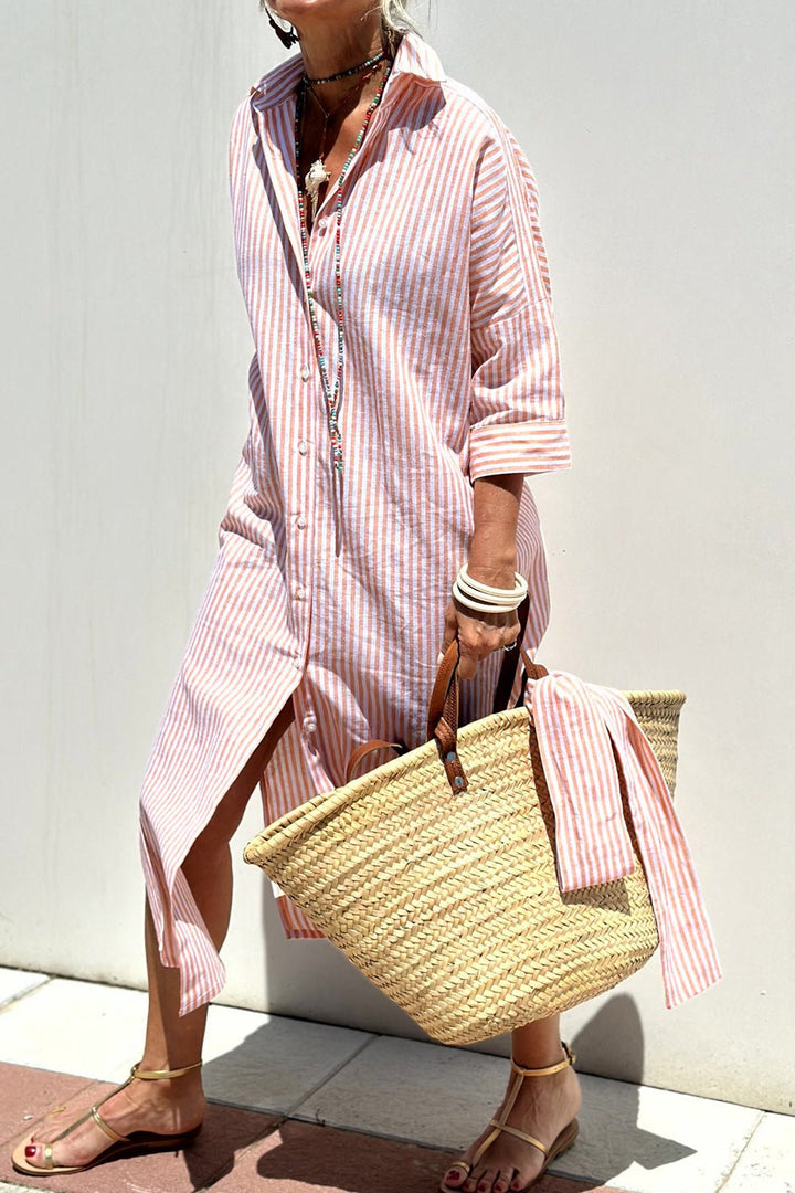 Women's Linen Striped Button-Down Collared Midi Dress