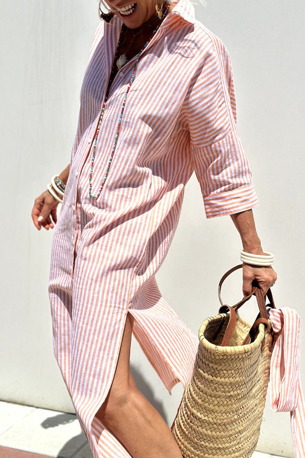 Women's Linen Striped Button-Down Collared Midi Dress - Pink