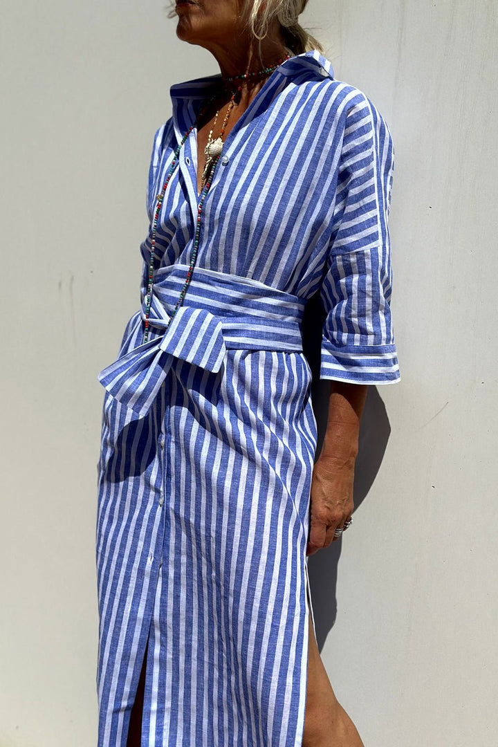 Women's Linen Striped Button-Down Collared Midi Dress