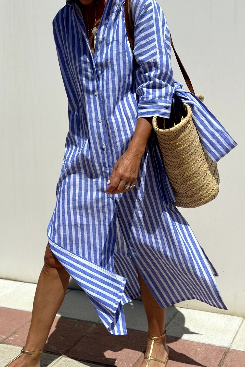 Women's Linen Striped Button-Down Collared Midi Dress - Blue